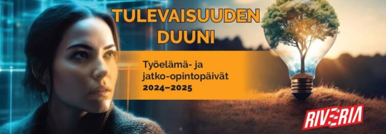 Tulevaisuuden duuni -tapahtuman mainos, jossa teksti "Työelämä- ja jatko-opintopäivät 2024-2025"