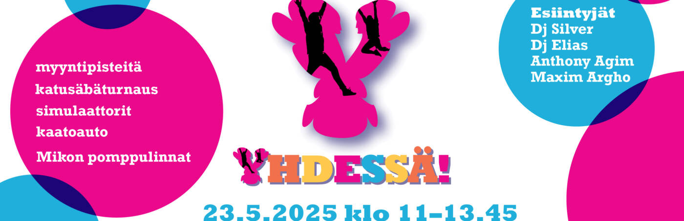 Yhdessä-tapahtuman manoskuva. Monivärinen Yhdessä-logo ja sinisiä ja pinkkejä pallokuvioita.