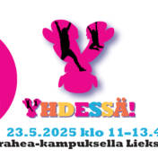 Yhdessä-tapahtuman manoskuva. Monivärinen Yhdessä-logo ja sinisiä ja pinkkejä pallokuvioita.