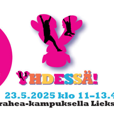 Yhdessä-tapahtuman manoskuva. Monivärinen Yhdessä-logo ja sinisiä ja pinkkejä pallokuvioita.